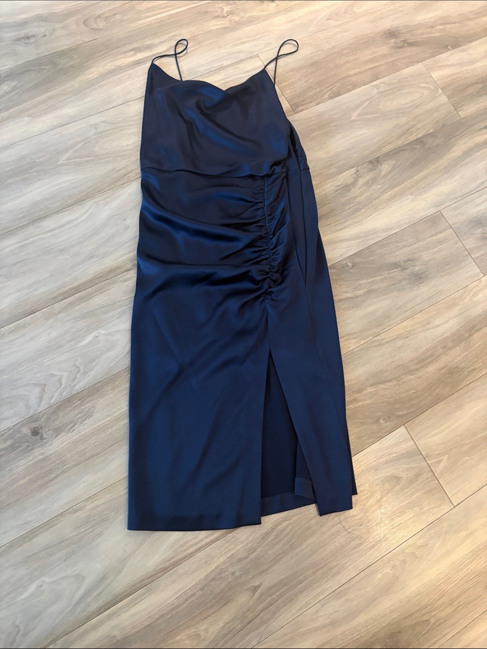 Navy Satin Ruched midi dress
